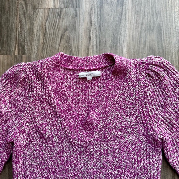 LOFT Marled Pink Puff Sleeve V-Neck Sweater Women’s Size L - Picture 6 of 14